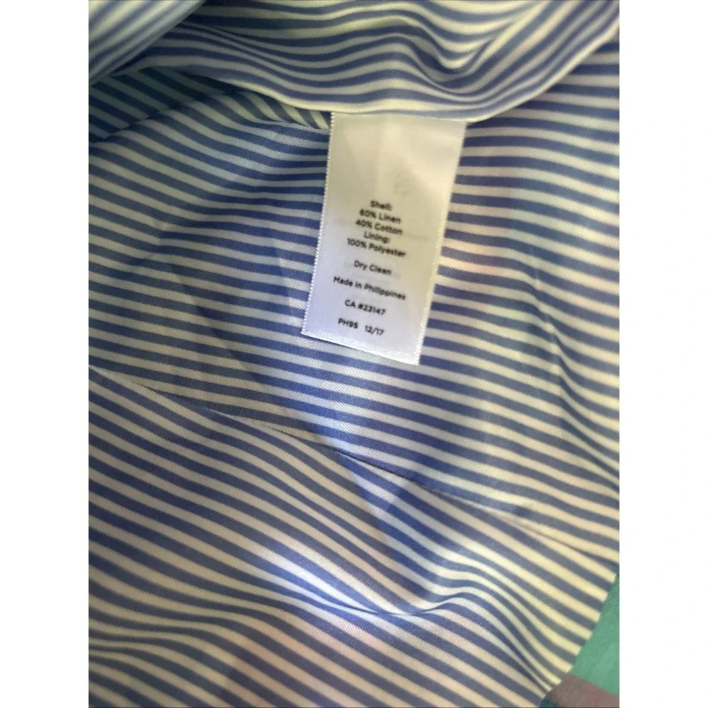 Talbots Womens 4P Madras Plaid Ruffle Sleeve Linen Blazer Teal Pink Plaid Lined